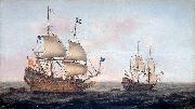Jacob Gerritz. Loeff, Monogrammist JGL French man-of-war escorted by a Dutch ship in quiet water USA oil painting artist